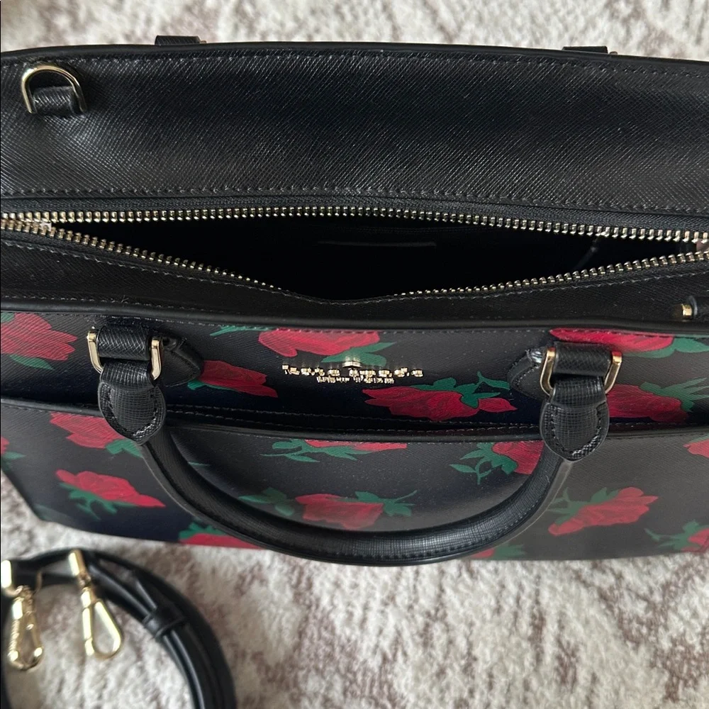 Kate Spade New York satchel stunning black leather bold red rose print EUC